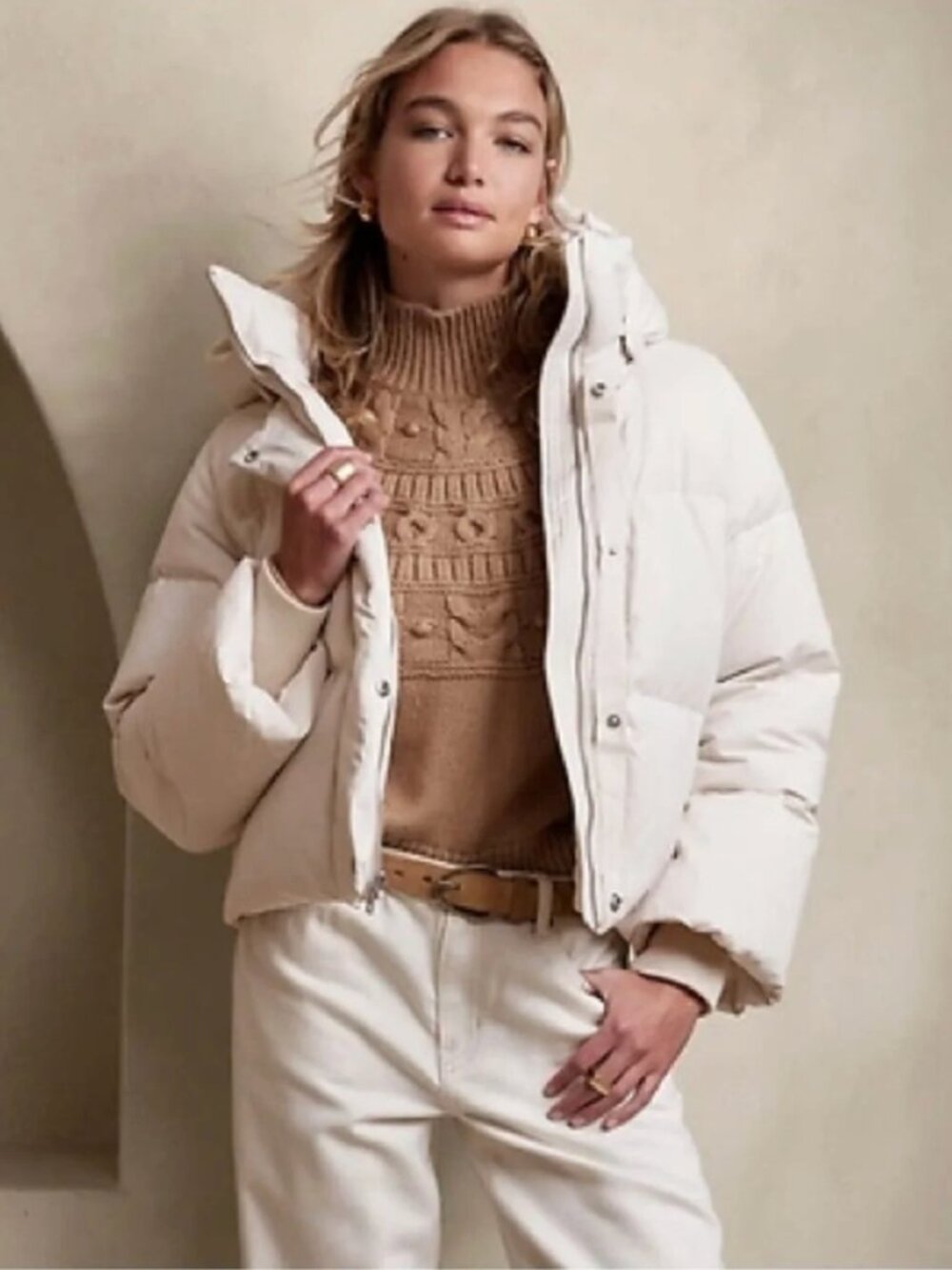 Banana Republic Goose Down Cream/White Puffer Jacket with Hood
